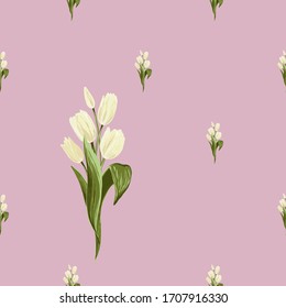 White tulips bouquet seamless pattern. Floral pink background print with blossom vector flowers. Simple digital watercolor drawing. Repeatable abstract illustration. Vintage graphic design.