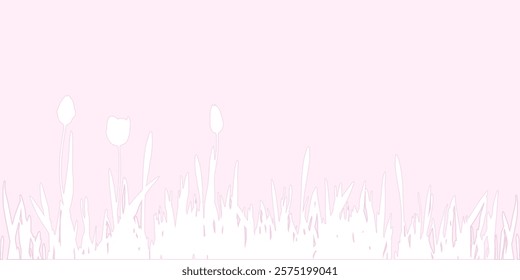 White tulips grass on pink backround Copy space Greeting card Women day Birthday Monochrome design White silhouette elements 