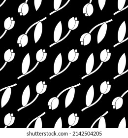 White tulips on a black background seamless pattern, an elegant tulip repeat pattern 