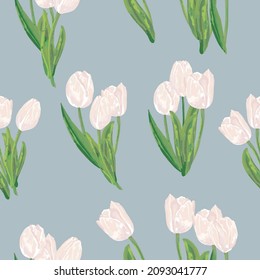 white tulips on blue background. Watercolor seamless pattern with spring flowers.