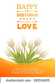 White tulips on a card for birthday. Vector illustration.