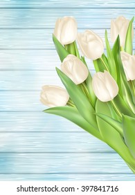 White tulips on turquoise painted wooden background. EPS 10 vector file included