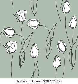 White tulips seamless pattern. Abstract floral illustration. Line continuous flowers vector. Botanical outline backdrop. Wallpaper, background, fabric, textile, print, wrapping paper, package design.