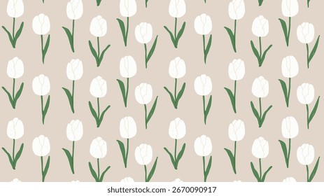 Patrón sin fisuras de tulipanes blancos en color beige. Patrón para la materia textil, impresión, papel de embalaje, Fondo de pantalla, fondo. Ilustración vectorial plana.