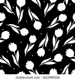 White tulips silhouette with round shapes on black background. Seamless floral pattern.