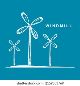 White turbine wind (windmill) generate electricity hand drawing doodle on blue background icon vector design.