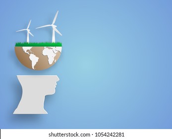 White turbines on half size of the earth above human head model represent concept of environmental saving and eco system. Business concept and innovation. Technology background. Vector illustration.
