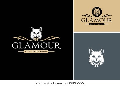 Gato turco blanco de Angora lleva la pajarita de la cinta para el salón de aseo de mascotas felinas y el diseño clásico del logotipo de la belleza de la moda