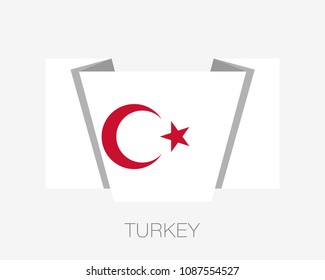 White Turkish Flag with Red Crescent and Star. Flat Icon Waving Flag with Country Name on a White Background
