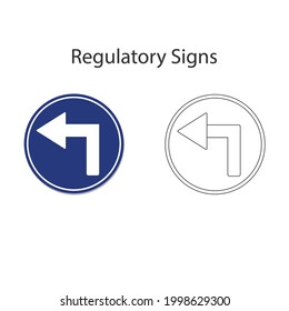 White turn left sign on blue circle. Vector illustration and hand drawing on white background.