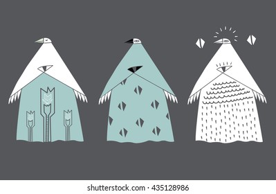 White and turquoise birds set. Three bird characters in ethnic dresses. Vector template can be used for textile and backgrounds prints, icons, logos, and other creative designs.