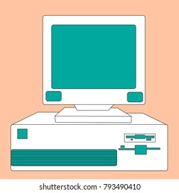 White with a turquoise retro, vintage, hipster, old computer from the 80's, 90's with a system unit located below the monitor on an orange background.Vector illustration.