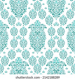 Patrón blanco y turquesa sin fisuras con adorno de mandala floral. Motivos tradicionales árabes e indios. Ideal para tejidos y textiles, papel pintado, embalaje o cualquier idea deseada.