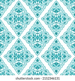Patrón blanco y turquesa sin fisuras con adorno de mandala floral. Motivos tradicionales árabes e indios. Ideal para tejidos y textiles, papel pintado, embalaje o cualquier idea deseada.