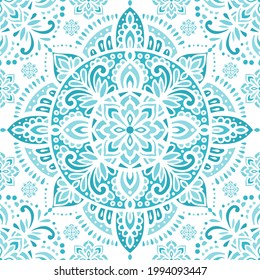 White and turquoise seamless pattern with mandala ornament. Traditional Arabic, Indian motifs. Great for fabric and textile, wallpaper, packaging or any desired idea.