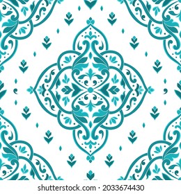 Patrón blanco y turquesa sin fisuras con adorno de mandala. Motivos tradicionales árabes e indios. Ideal para tejidos y textiles, papel pintado, embalaje o cualquier idea deseada.
