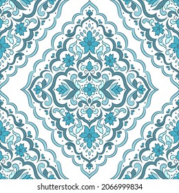 White and turquoise seamless pattern with mandala ornament. Traditional Arabic, Indian motifs. Great for fabric and textile, wallpaper, packaging or any desired idea.
