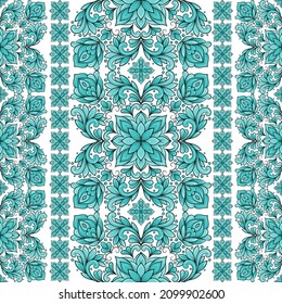 Weiße und türkisfarbene Muster mit Mandala-Ornament. Traditionelle arabische, indische Motive. Ideal für Gewebe und Textilien, Tapeten, Verpackungen oder jede erwünschte Idee.