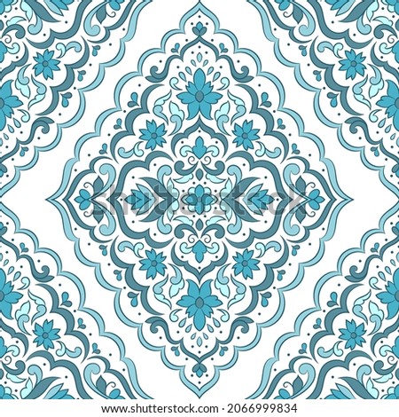 White and turquoise seamless pattern with mandala ornament. Traditional Arabic, Indian motifs. Great for fabric and textile, wallpaper, packaging or any desired idea.