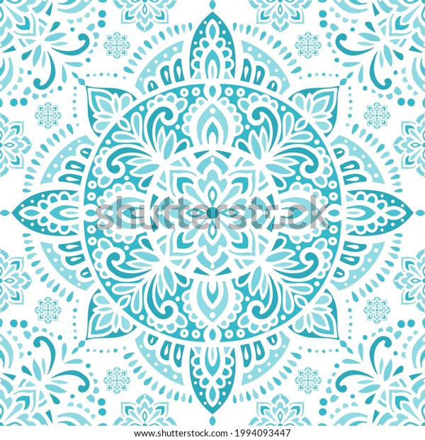 White and turquoise\
seamless pattern with mandala ornament. Traditional Arabic, Indian\
motifs. Great for fabric and textile, wallpaper, packaging or any\
desired idea.