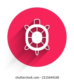 White Turtle icon isolated with long shadow background. Red circle button. Vector