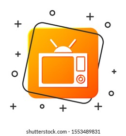 White Tv icon isolated on white background. Television sign. Orange square button. Vector Illustration