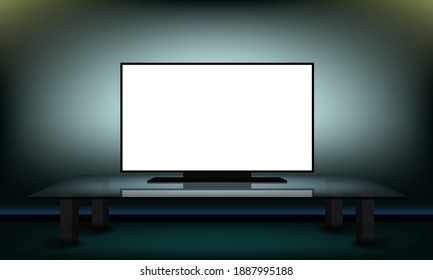 White TV Screen In Darkness In Room On Glass Table. EPS10 Vector