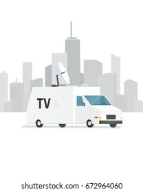 white tv van. Vector illustration on city background