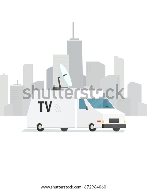 white tv\
van. Vector illustration on city\
background