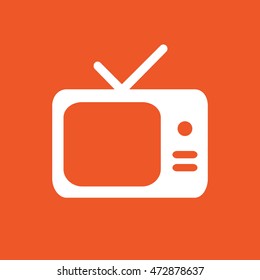 White TV vector icon. Orange background