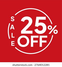 White twenty five percent off sale text inside a circle on a red background