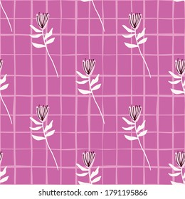Weiße Zweige und Blumen nahtloses Muster. Heller lila Hintergrund mit Scheck. Einfaches Blumenmuster. Gut geeignet für Papier, Textilien, Stoffdruck und Tapeten. Vektorgrafik.