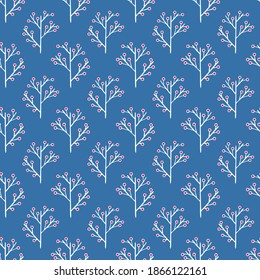 White twigs with red dots on a blue seamless background (vector)