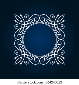 White twirl round luxury frame elegant design. Place for monogram or logo. Curved line floral ornament on blue background.