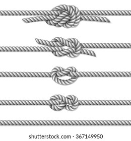 White twisted rope border set, isolated on white, vector illustration 