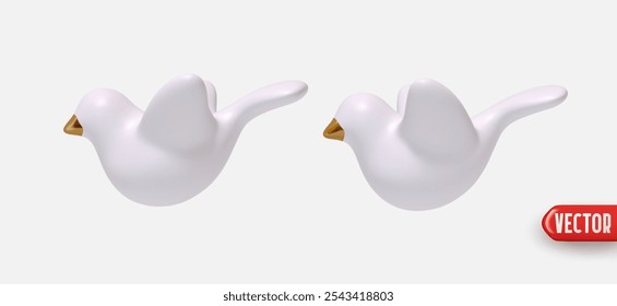 White Two birds made of plastic and ceramics realistic 3d cartoon style isolated on a white background. vector illustration