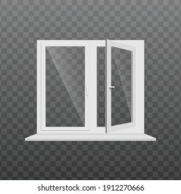 White two casement window template, realistic vector illustration isolated on transparent background. Plastic window frame with one one sash open and the other closed.