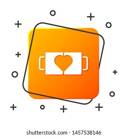 White Two coffee cup and heart icon isolated on white background. Couple coffee for lovers on Valentines Day. Orange square button. Vector Illustration