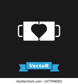 White Two coffee cup and heart icon isolated on black background. Couple coffee for lovers on Valentines Day.  Vector Illustration