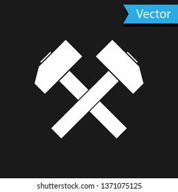 White Two crossed hammers icon isolated on black background. Tool for repair. Vector Illustration