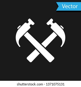 White Two crossed hammers icon isolated on black background. Tool for repair. Vector Illustration