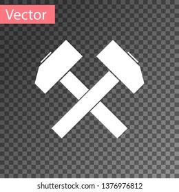 White Two crossed hammers icon isolated on transparent background. Tool for repair. Vector Illustration