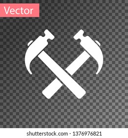 White Two crossed hammers icon isolated on transparent background. Tool for repair. Vector Illustration