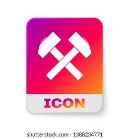 White Two crossed hammers icon isolated on white background. Tool for repair. Rectangle color button. Vector Illustration