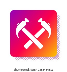 White Two crossed hammers icon isolated on white background. Tool for repair. Square color button. Vector Illustration