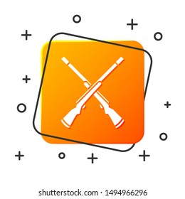 White Two crossed shotguns icon isolated on white background. Hunting gun. Orange square button. Vector Illustration