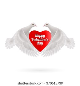 White two doves holds red heart in wings on white background