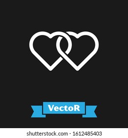 White Two Linked Hearts icon isolated on black background. Romantic symbol linked, join, passion and wedding. Valentine day.  Vector Illustration