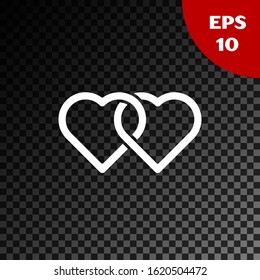 White Two Linked Hearts icon isolated on transparent dark background. Romantic symbol linked, join, passion and wedding. Valentine day.  Vector Illustration