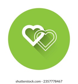 White Two Linked Hearts icon isolated with long shadow background. Romantic symbol linked, join, passion and wedding. Valentine day. Green circle button. Vector